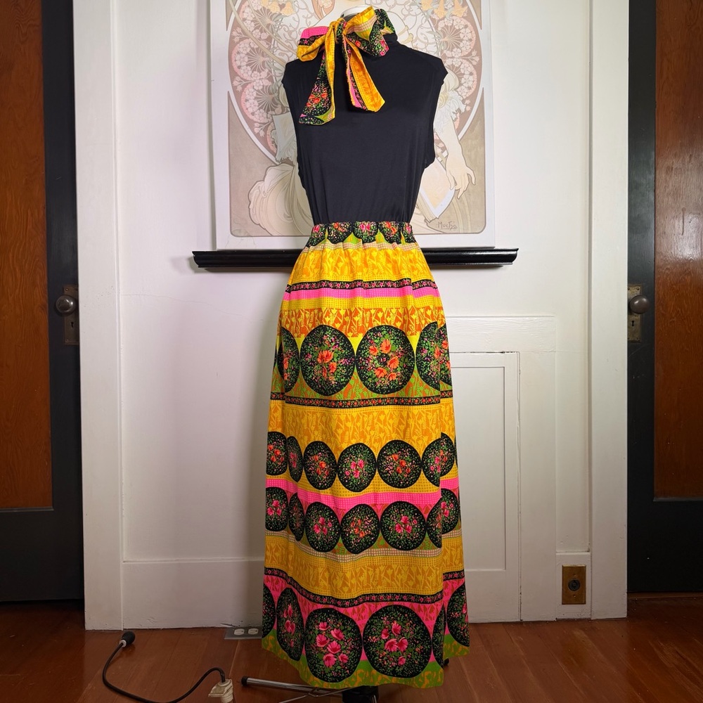 Vintage 60s Barkcloth‎ Skirt Womens Multi Floral Slit Mr B Of California